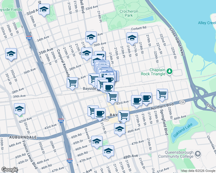 map of restaurants, bars, coffee shops, grocery stores, and more near 40-10 214th Place in Queens