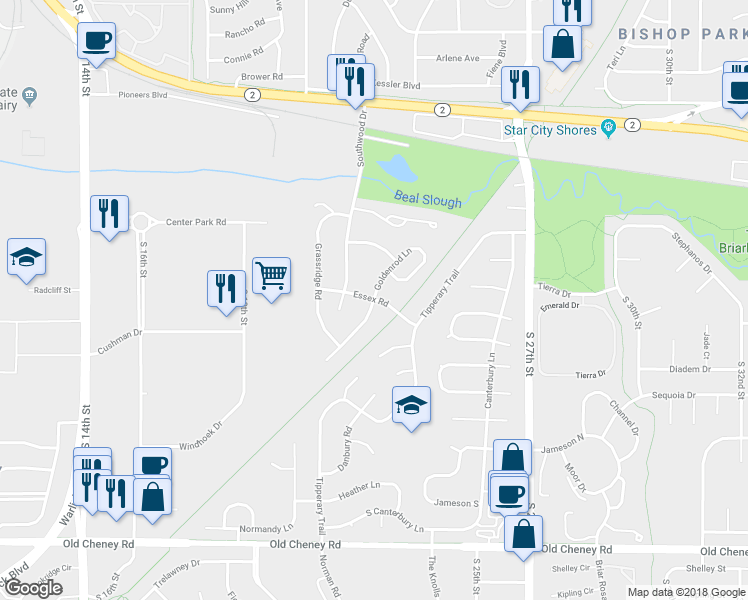 map of restaurants, bars, coffee shops, grocery stores, and more near 2199 Essex Road in Lincoln