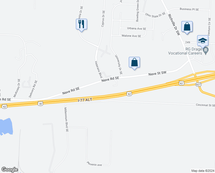 map of restaurants, bars, coffee shops, grocery stores, and more near 2311 Nave Road Southeast in Massillon