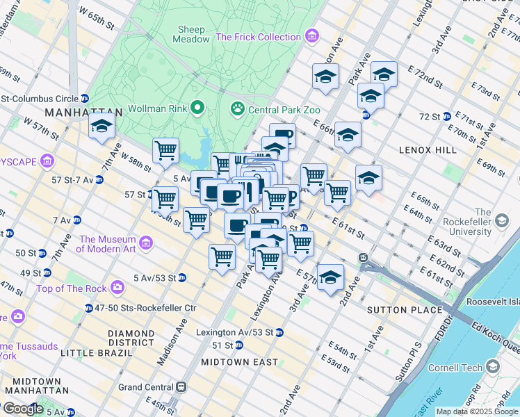map of restaurants, bars, coffee shops, grocery stores, and more near 28 East 60th Street in New York