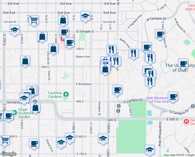 map of restaurants, bars, coffee shops, grocery stores, and more near 231 Douglas Street in Salt Lake City