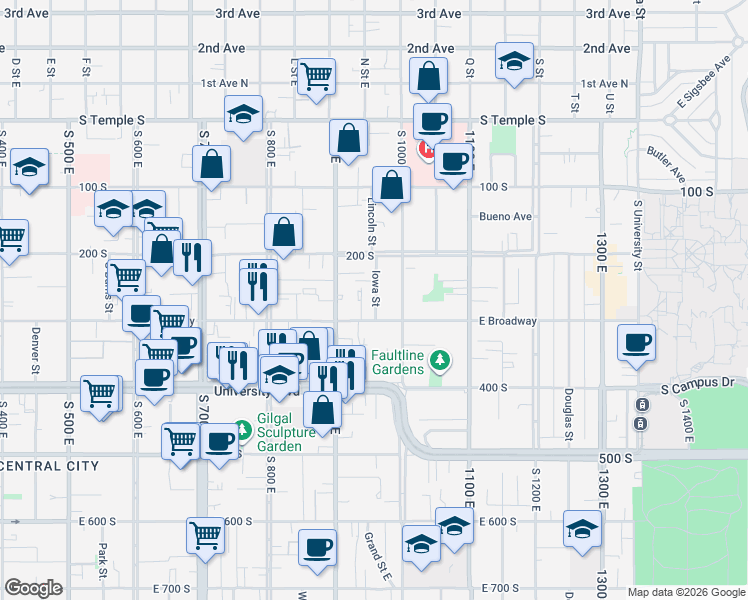 map of restaurants, bars, coffee shops, grocery stores, and more near 936 Pennsylvania Place in Salt Lake City