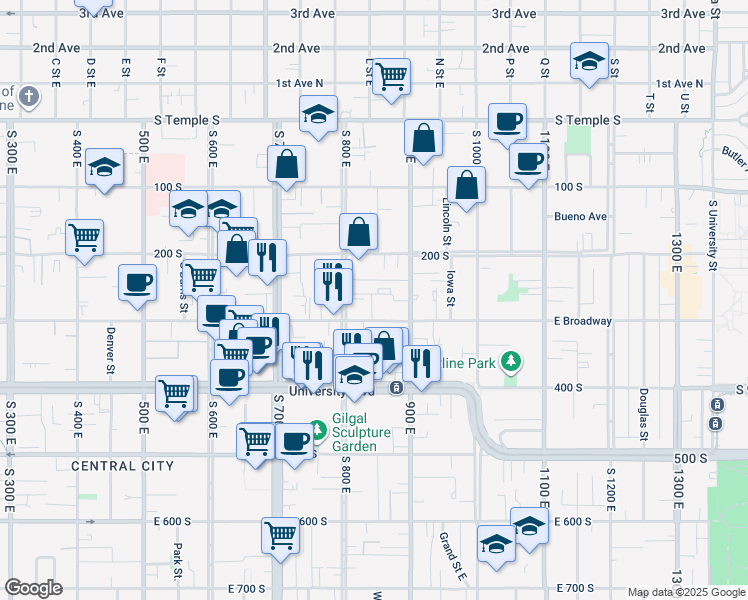 map of restaurants, bars, coffee shops, grocery stores, and more near 830 Menlo Avenue in Salt Lake City