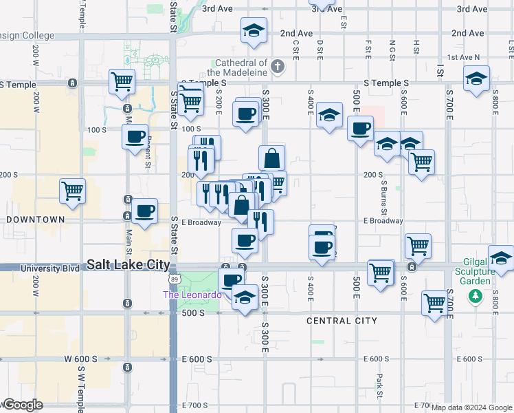 map of restaurants, bars, coffee shops, grocery stores, and more near 250 South 300 East in Salt Lake City
