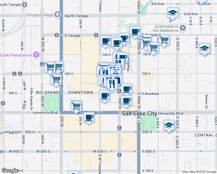 map of restaurants, bars, coffee shops, grocery stores, and more near 48 West Broadway in Salt Lake City