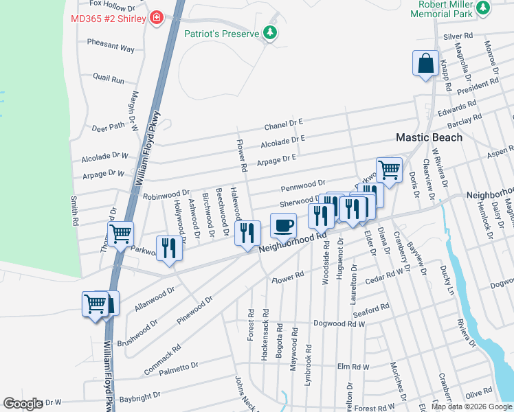 map of restaurants, bars, coffee shops, grocery stores, and more near 72 Pennwood Drive in Mastic Beach