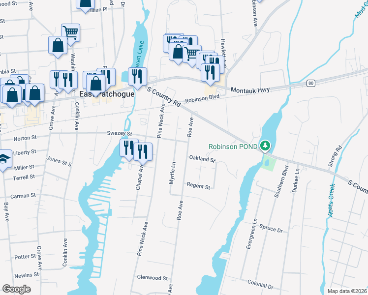 map of restaurants, bars, coffee shops, grocery stores, and more near 1 Cherry Lane in East Patchogue