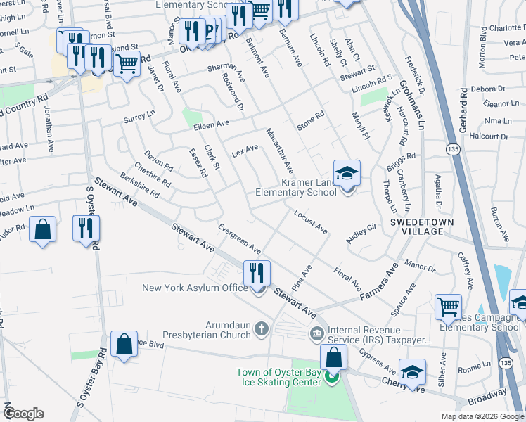 map of restaurants, bars, coffee shops, grocery stores, and more near 9 Gates Avenue in Plainview