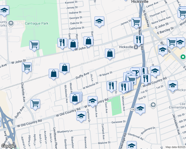 map of restaurants, bars, coffee shops, grocery stores, and more near 221 Duffy Avenue in Hicksville