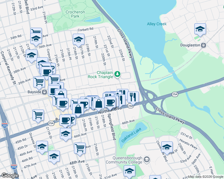 map of restaurants, bars, coffee shops, grocery stores, and more near 51 220th Street in Queens
