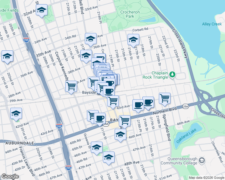 map of restaurants, bars, coffee shops, grocery stores, and more near 40-10 214th Place in Queens