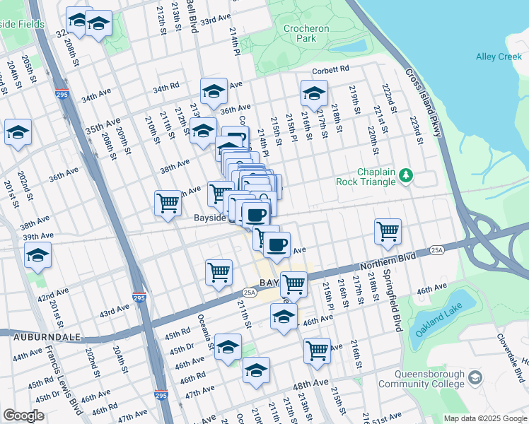 map of restaurants, bars, coffee shops, grocery stores, and more near 40-10 214th Place in Queens