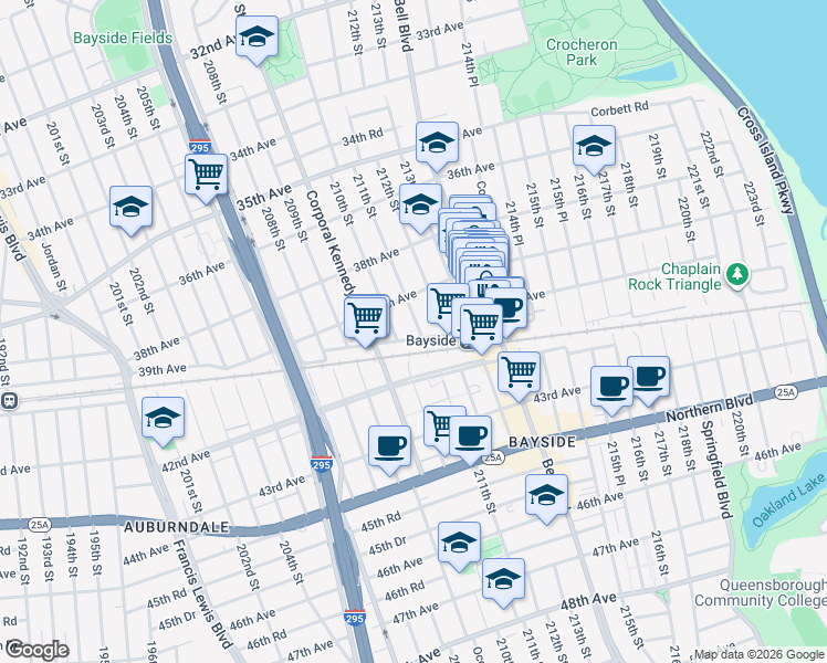map of restaurants, bars, coffee shops, grocery stores, and more near 39-14 211th Street in Queens