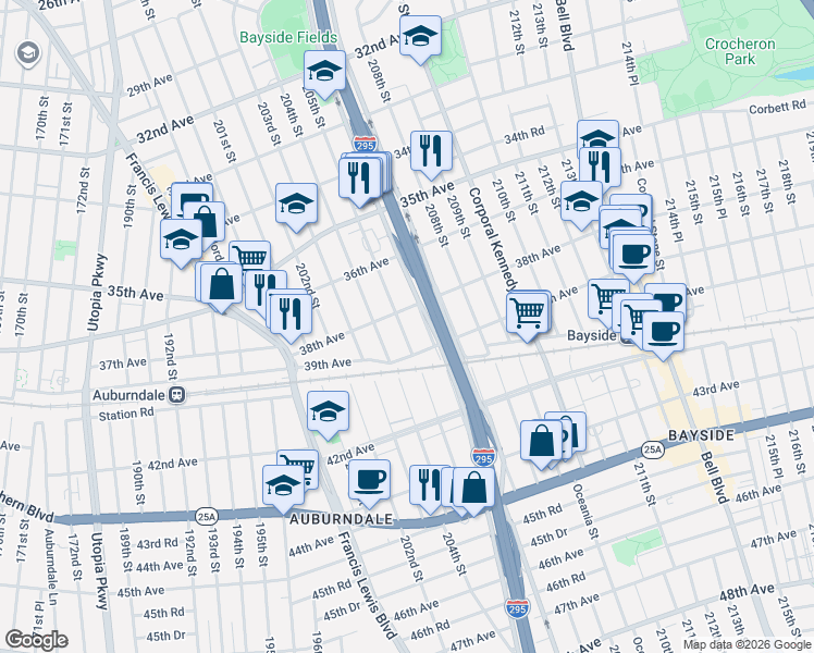 map of restaurants, bars, coffee shops, grocery stores, and more near 3802 Clearview Expressway Service Road in Queens