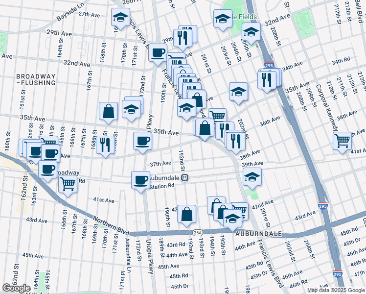 map of restaurants, bars, coffee shops, grocery stores, and more near 192-19 Crocheron Avenue in Queens