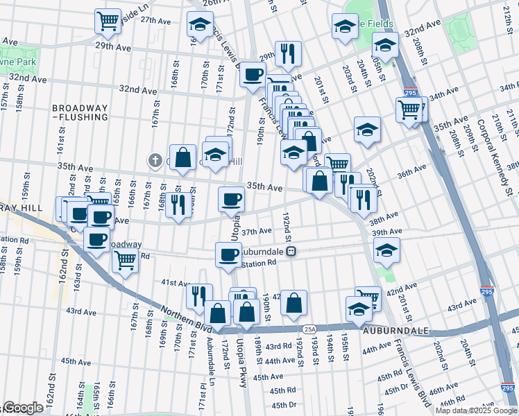 map of restaurants, bars, coffee shops, grocery stores, and more near 35-16 190th Street in Queens