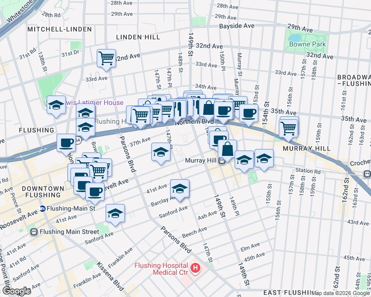 map of restaurants, bars, coffee shops, grocery stores, and more near 147-27 38th Avenue in Queens