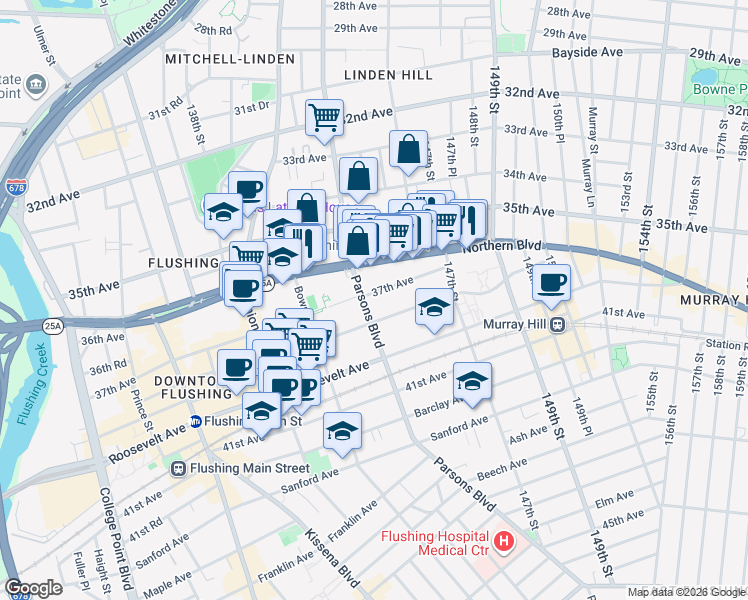 map of restaurants, bars, coffee shops, grocery stores, and more near 36-25 Parsons Boulevard in Queens