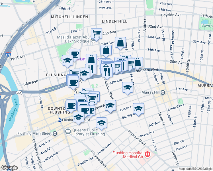 map of restaurants, bars, coffee shops, grocery stores, and more near 36-25 Parsons Boulevard in Queens