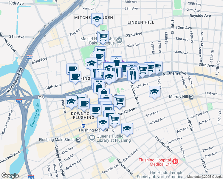 map of restaurants, bars, coffee shops, grocery stores, and more near 3611 Bowne Street in Queens