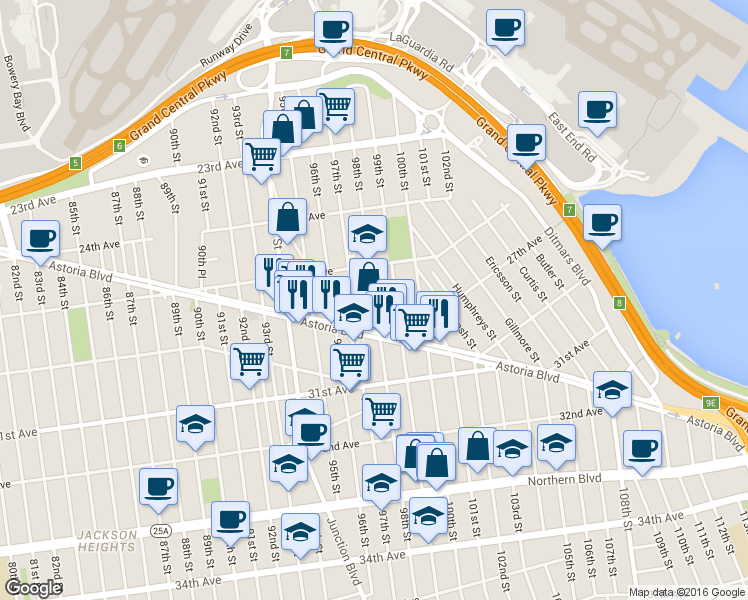 map of restaurants, bars, coffee shops, grocery stores, and more near 25-16 98th Street in Queens