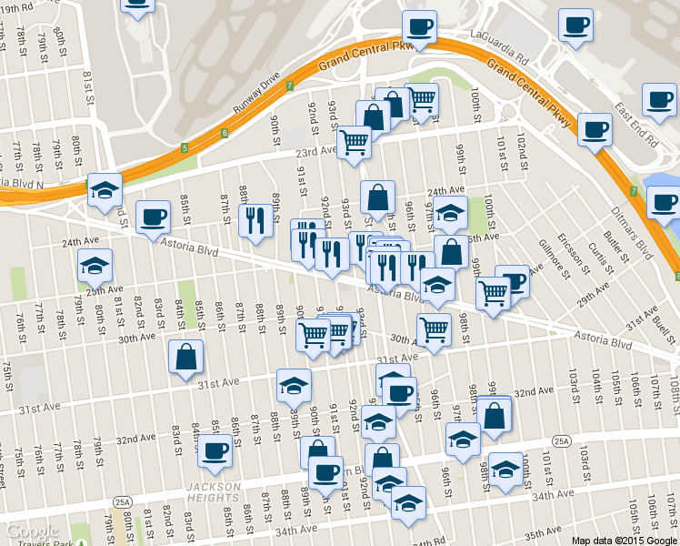 map of restaurants, bars, coffee shops, grocery stores, and more near 25-03 93rd Street in Queens