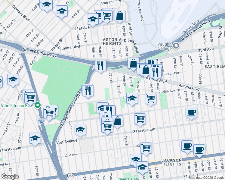 map of restaurants, bars, coffee shops, grocery stores, and more near 24-11 77th Street in Queens