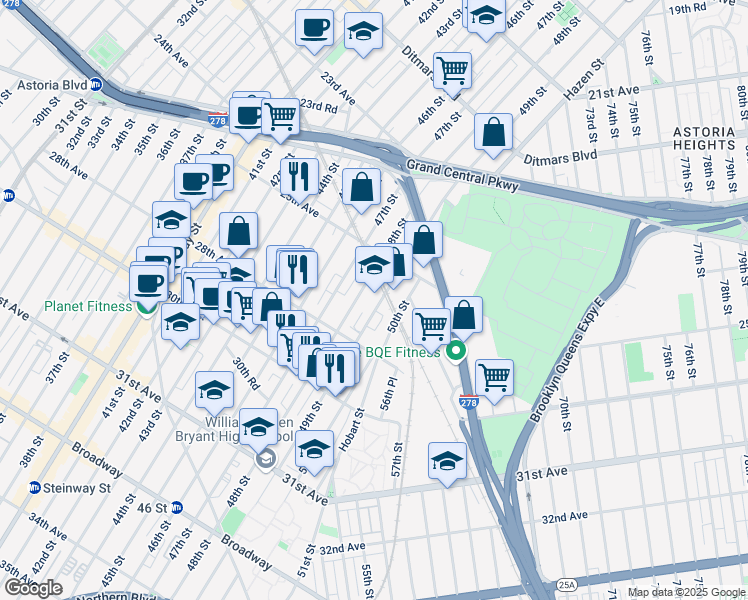 map of restaurants, bars, coffee shops, grocery stores, and more near 25-15 49th Street in Queens