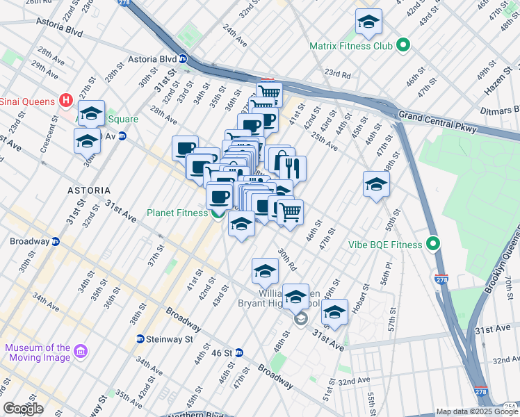 map of restaurants, bars, coffee shops, grocery stores, and more near 28-23 42nd Street in Queens