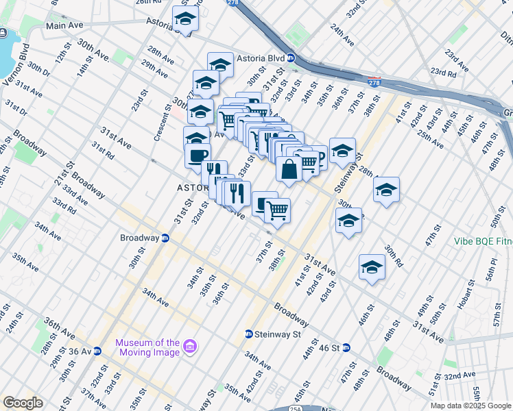 map of restaurants, bars, coffee shops, grocery stores, and more near 30-65 34th Street in Queens