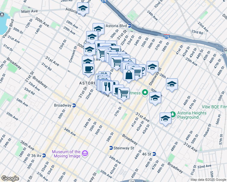 map of restaurants, bars, coffee shops, grocery stores, and more near 30-65 34th Street in Queens