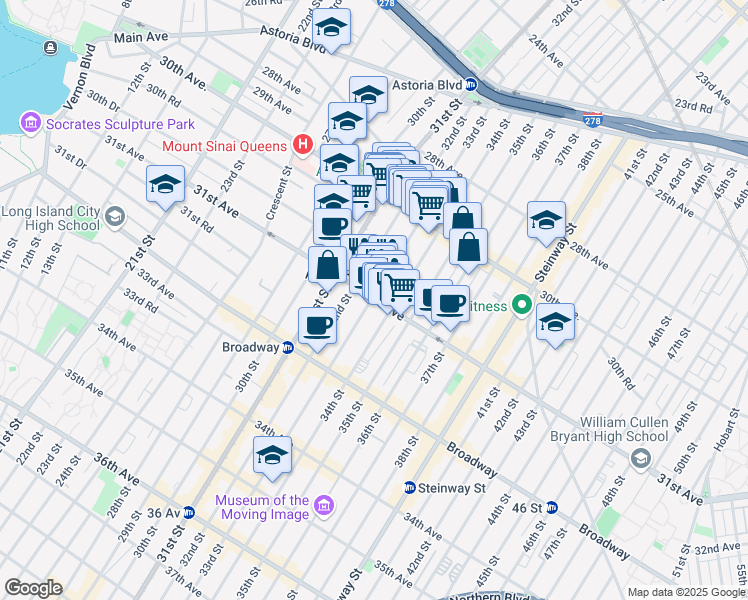 map of restaurants, bars, coffee shops, grocery stores, and more near 30-90 33rd Street in Queens
