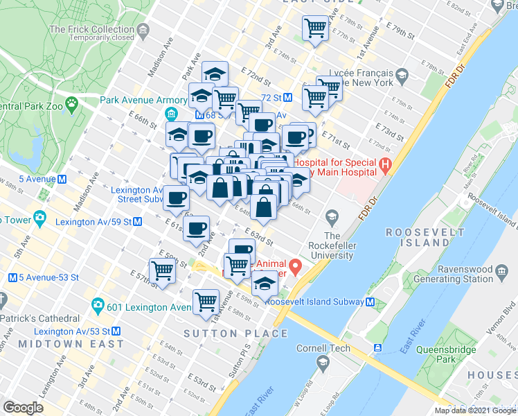 map of restaurants, bars, coffee shops, grocery stores, and more near 323 East 65th Street in New York