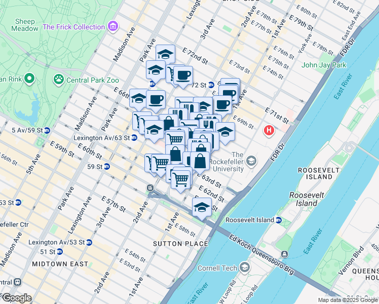 map of restaurants, bars, coffee shops, grocery stores, and more near 327 East 65th Street in New York
