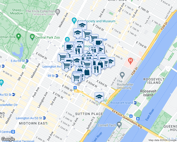 map of restaurants, bars, coffee shops, grocery stores, and more near in New York