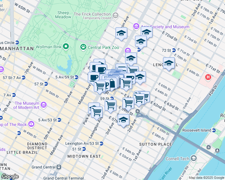 map of restaurants, bars, coffee shops, grocery stores, and more near 115 East 61st Street in New York