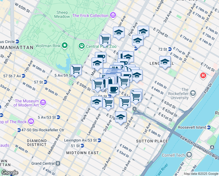 map of restaurants, bars, coffee shops, grocery stores, and more near 115 East 61st Street in New York