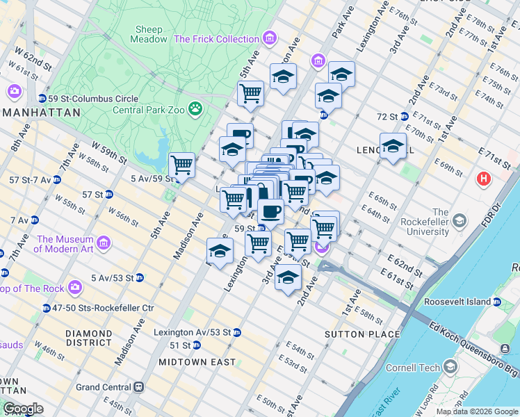map of restaurants, bars, coffee shops, grocery stores, and more near 115 East 61st Street in New York