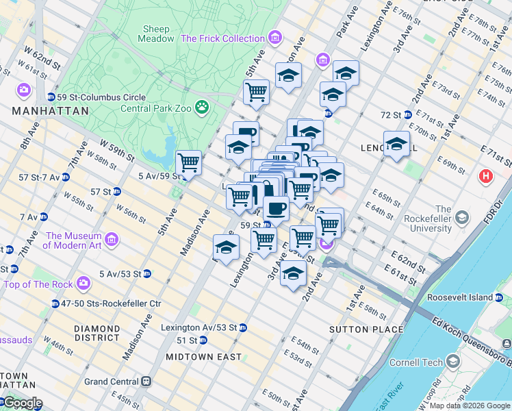 map of restaurants, bars, coffee shops, grocery stores, and more near 115 East 61st Street in New York