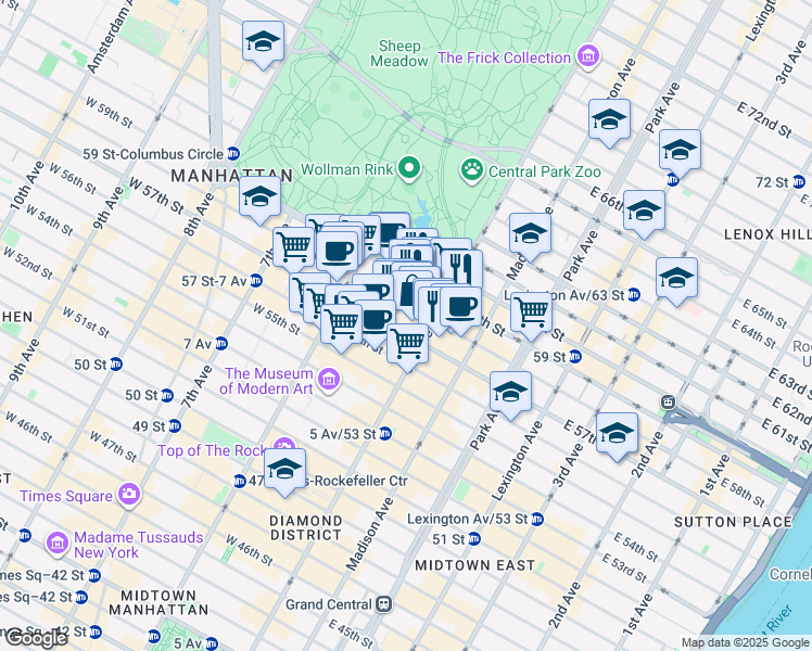 map of restaurants, bars, coffee shops, grocery stores, and more near 8 West 58th Street in New York