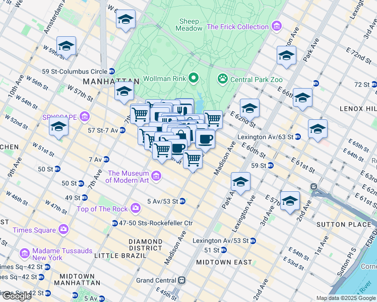 map of restaurants, bars, coffee shops, grocery stores, and more near 27 West 57th Street in New York
