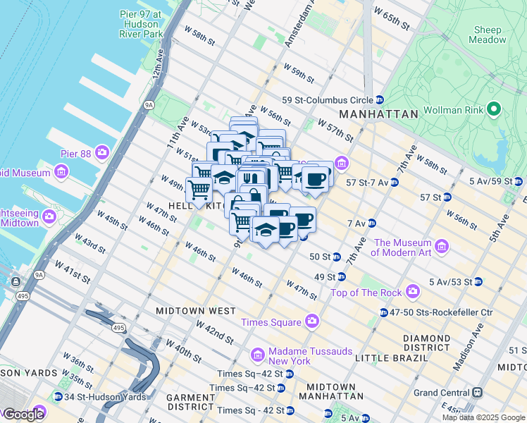 map of restaurants, bars, coffee shops, grocery stores, and more near in New York