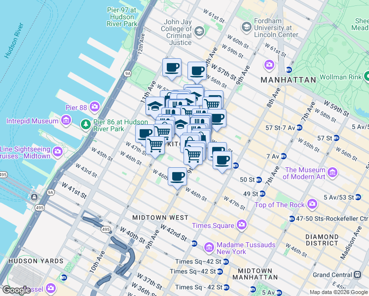 map of restaurants, bars, coffee shops, grocery stores, and more near 439 West 49th Street in New York