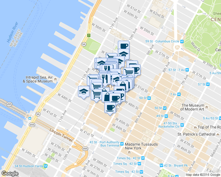 map of restaurants, bars, coffee shops, grocery stores, and more near in New York
