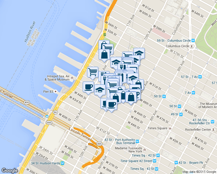 map of restaurants, bars, coffee shops, grocery stores, and more near 515 West 48th Street in New York