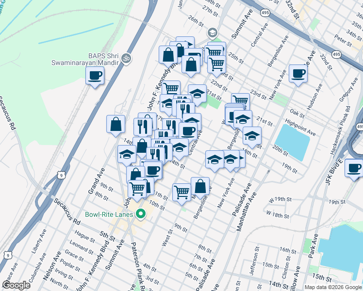 map of restaurants, bars, coffee shops, grocery stores, and more near 1601 Summit Avenue in Union City