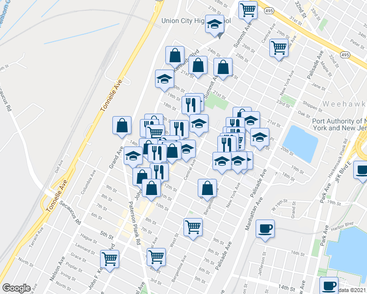 map of restaurants, bars, coffee shops, grocery stores, and more near 1601 Summit Avenue in Union City