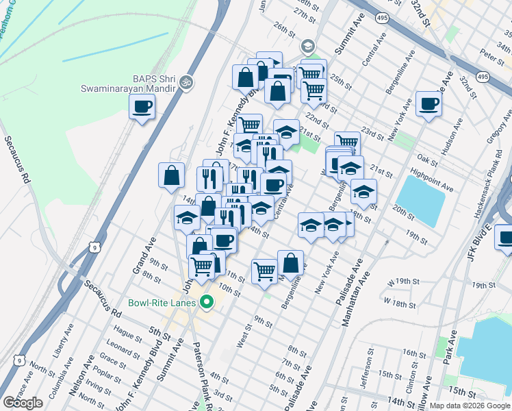 map of restaurants, bars, coffee shops, grocery stores, and more near 1601 Summit Avenue in Union City