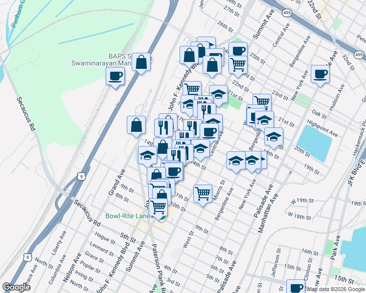 map of restaurants, bars, coffee shops, grocery stores, and more near 1500 Kerrigan Avenue in Union City