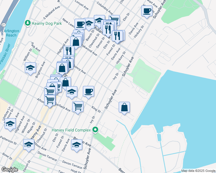 map of restaurants, bars, coffee shops, grocery stores, and more near 312 Hickory Street in Kearny